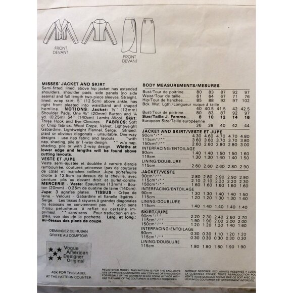 Misses Jacket and Skirt Pattern Calvin Klein Vogue American Designer 1062 UNCUT - Picture 4 of 5